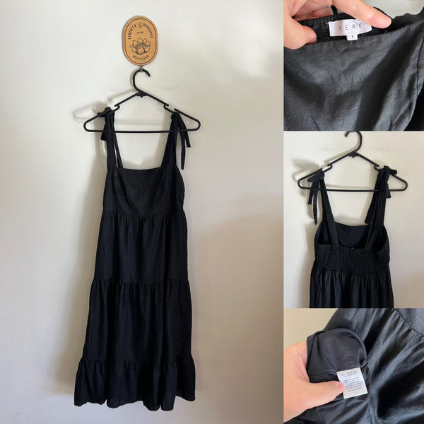 Aere lined black linen tiered dress Sz 8 RRP $160 as new