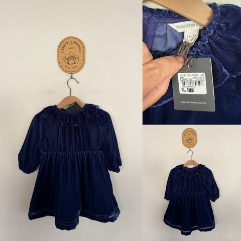 Country Road French blue velvet frill dress Sz 1 NWT