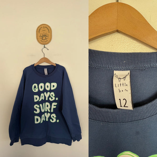 Minti Good Days Surf Days blue jumper Sz 12 play - only worn a few times but dot near neckline and some fade