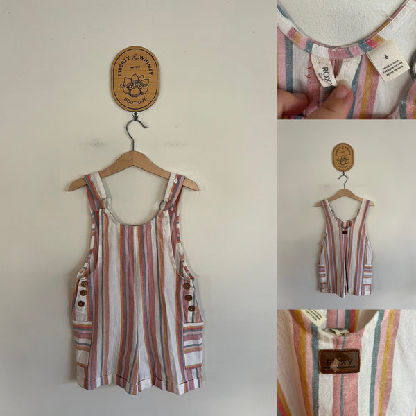 Roxy stripe overalls Sz 6 play - some of the leather has cracked on the back logo