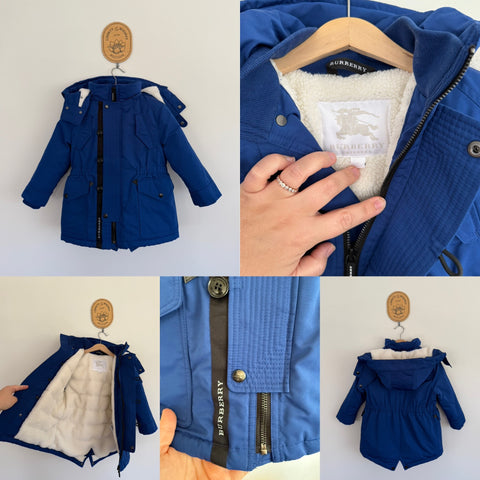 Burberry blue fleece-lined down fill jacket with detachable hood Sz 4 RRP $1250 as new, only worn a couple of times