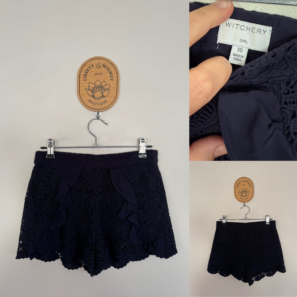 Witchery Kids lined navy lace shorts Sz 10 as new