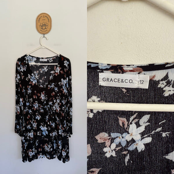 Grace & Co l/s floral ruffle dress Sz 12 as new