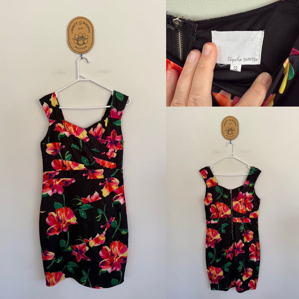 Tequila Sunrise black floral dress Sz 12 EEUC