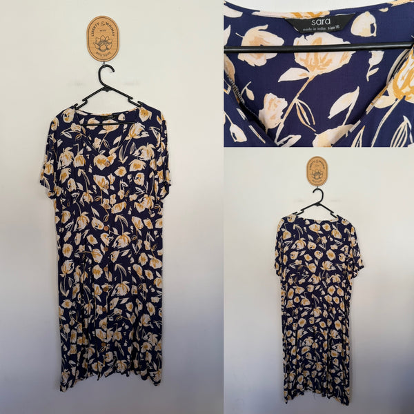 Sara blue floral midi dress Sz 16 as new (washed only and buttons have been sewn down at the front so as not to gape)