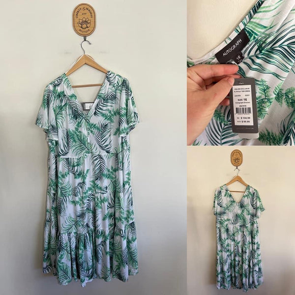 Autograph leaves print flutter sleeve tier dress Sz 16 RRP $99.99 except I paid an extra $20 to have the buttons sewn down so they wouldn’t gape NWT